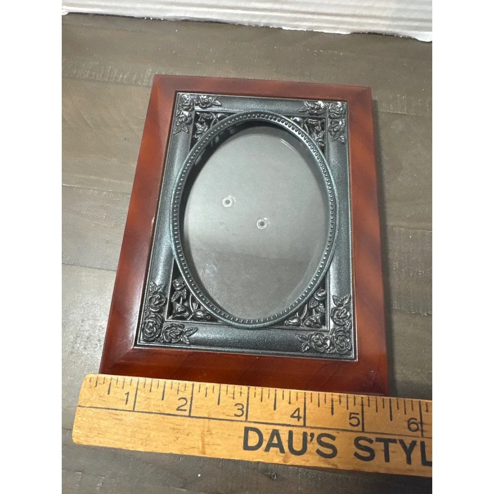 Vintage Faux Wood and Silver Rose Oval Picture Frame 8.5x6.5 Brown Silver